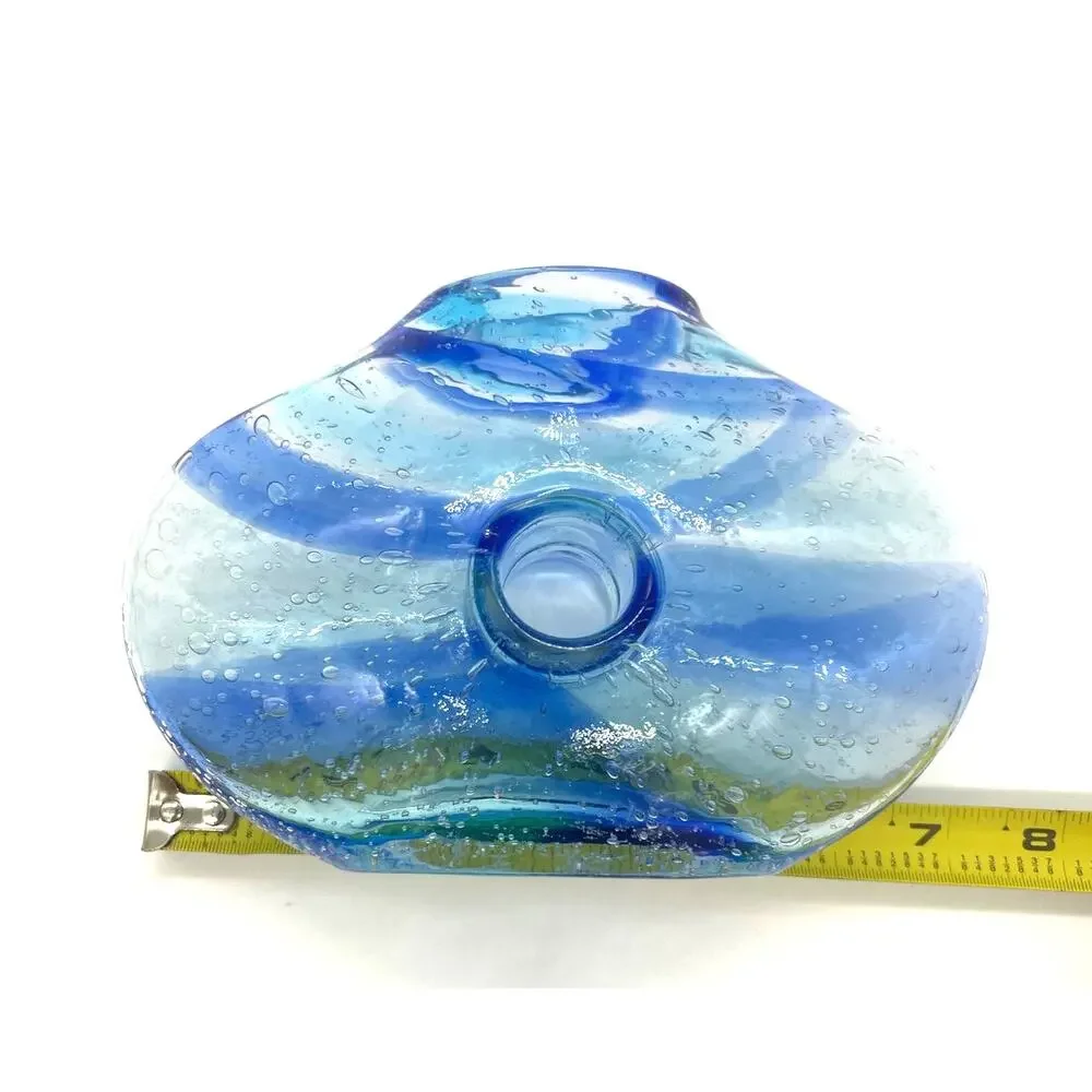 Italian Art Glass Vase with Donut Hole Blue Ribbon Swirls Hand Blown 7